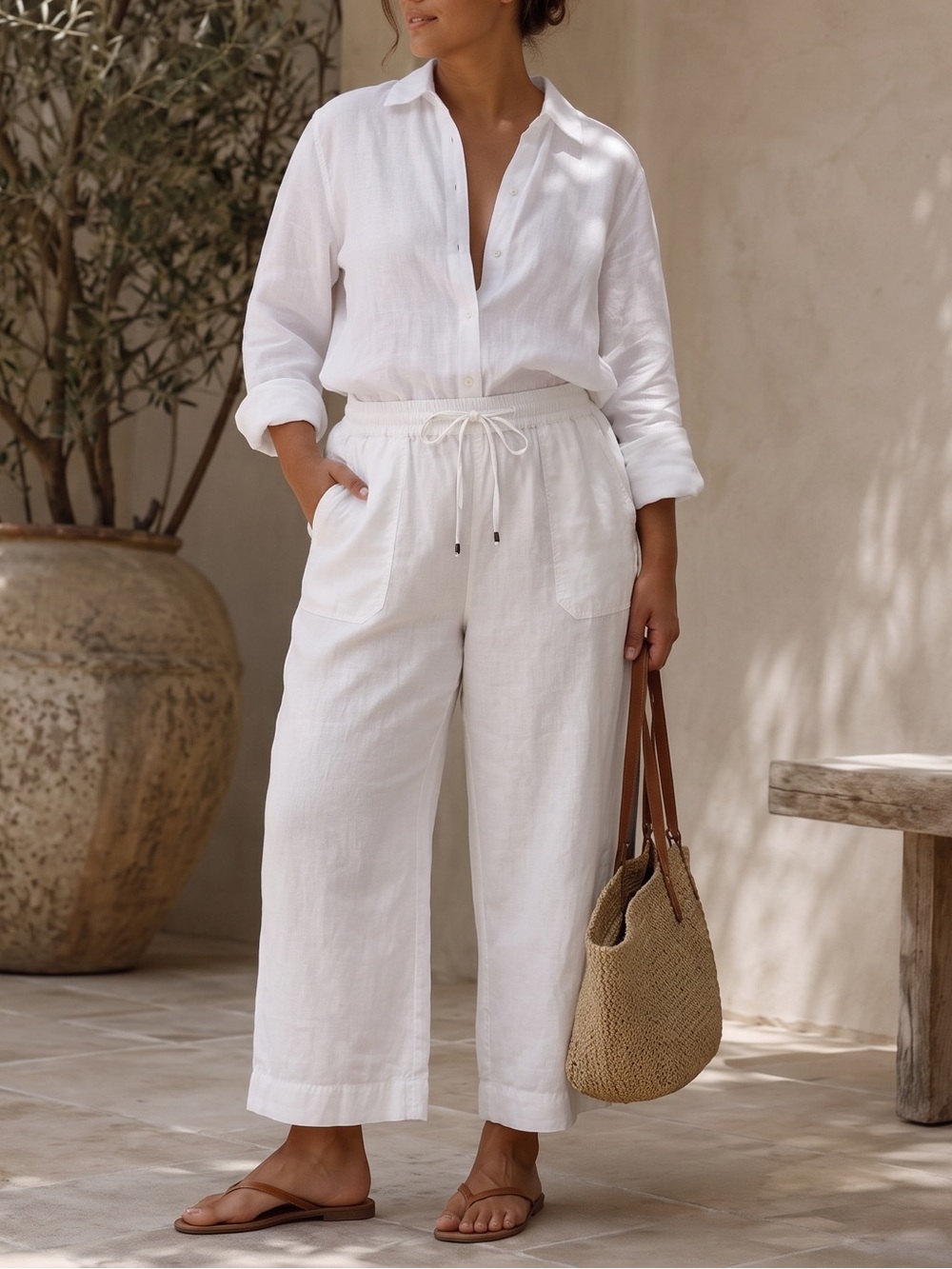 AVENUE White Linen Cropped Pants